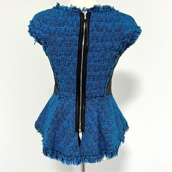 Rebecca Taylor Lamb Leather Panel Tweed Peplum Top Blouse 2 Surf Blue Black $475 - Picture 5 of 12